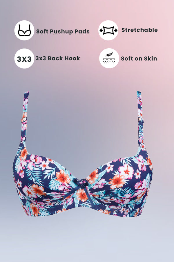 Floral Crinkled Bra - Padded with stretchable floral straps