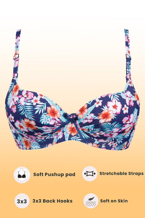 Floral Crinkled Bra - Padded with stretchable floral straps