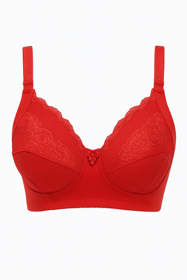Red Curvy All Over Lace Cup Double Layered Bra with 4x4 Hooks