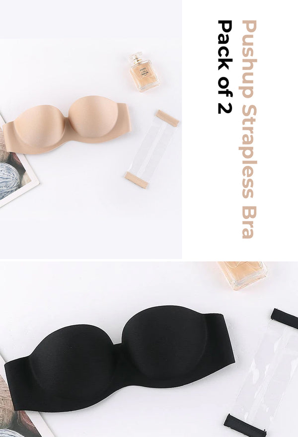 (Pack of 2) Pushup Strapless Bra with 2 pairs of Transparent and Adjustable Straps