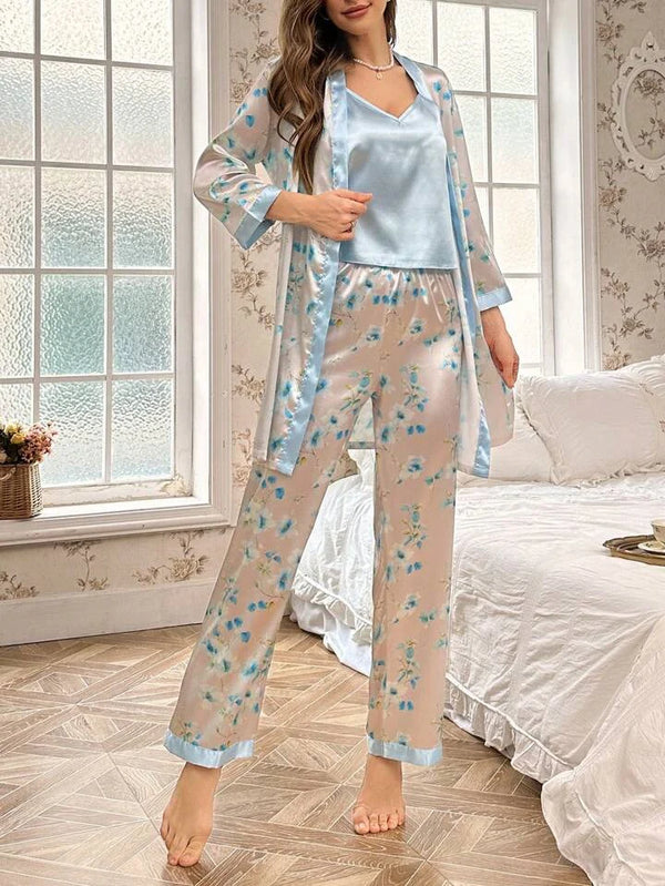 (3 Pcs.) Luxury Silk Sleepwear with Robe Silver Blue - Gown+Slip+Trouser