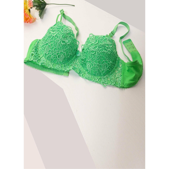 Parrot-Green Touch-Me-Not - Half Cup Wired / Non-Wired Light Padded Embroidered Bra - Espicopink